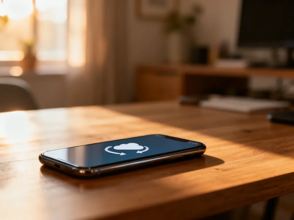 Nowoczesny smartfon na biurku z ikoną synchronizacji danych, symbolizujący proces przenoszenia plików na nowy telefon.