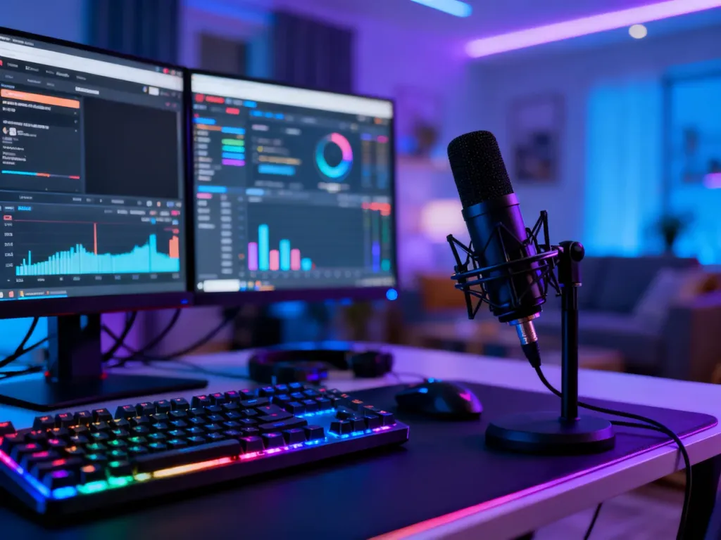 Profesjonalne stanowisko streamera z mikrofonem, podświetlaną klawiaturą i monitorem wyświetlającym statystyki kanału.