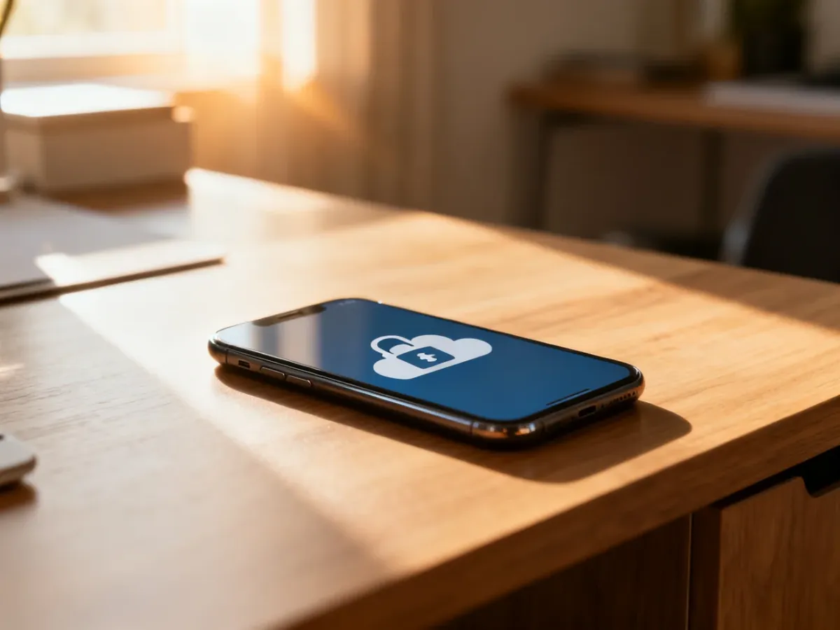 Smartfon na drewnianym biurku z ikoną synchronizacji w chmurze, symbolizujący bezpieczne tworzenie kopii zapasowej danych.