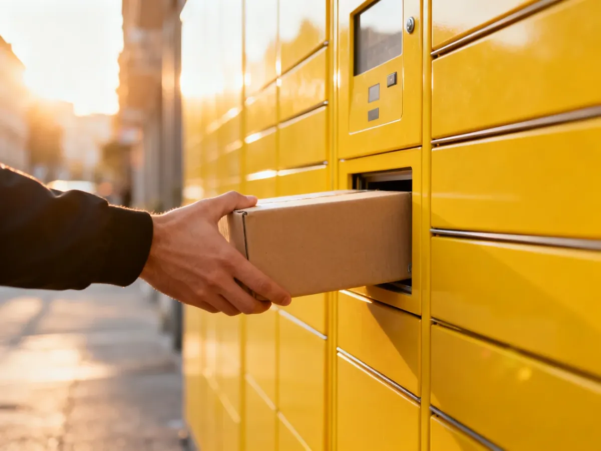 Dłoń wkłada paczkę do skrytki Paczkomatu InPost w słoneczny poranek.