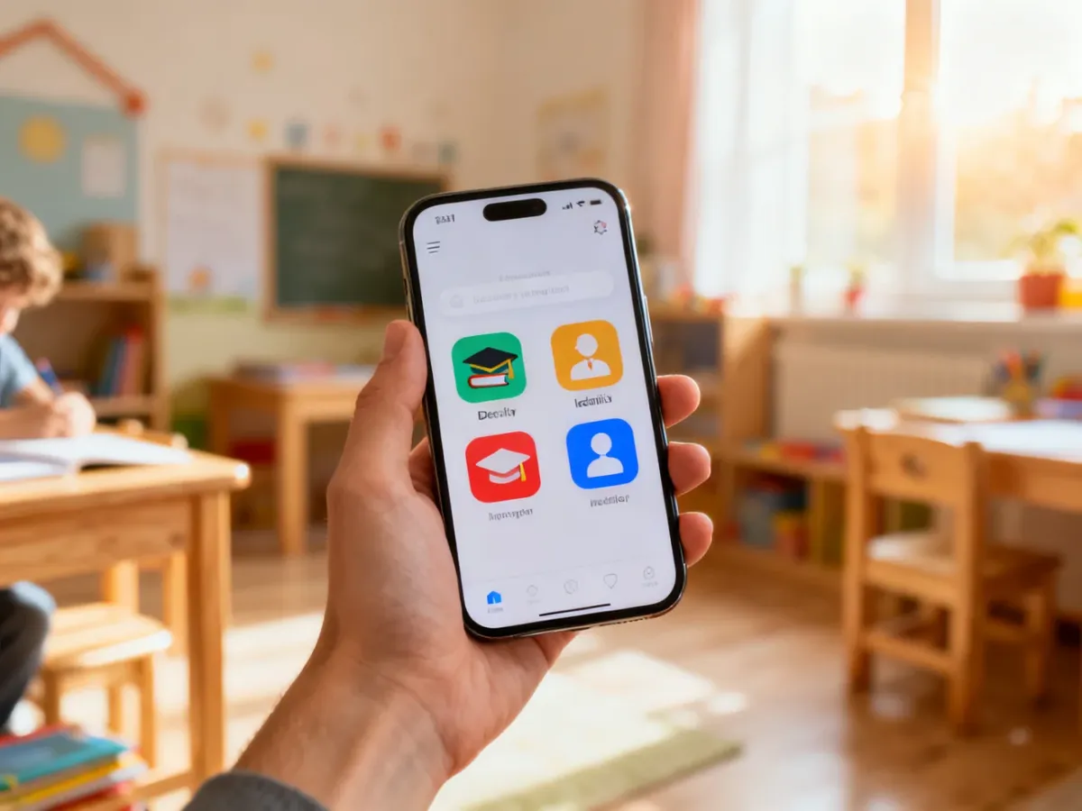 Dłoń trzymająca smartfon z interfejsem aplikacji na tle przytulnego pokoju dziecięcego w świetle poranka.