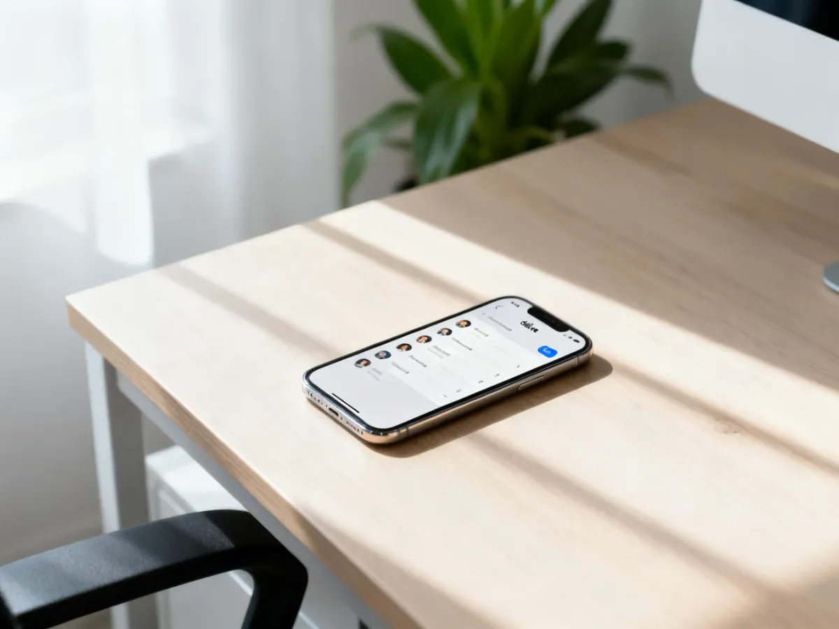 Nowoczesny smartfon leżący na drewnianym biurku z widocznym interfejsem usuwania kontaktu w aplikacji.