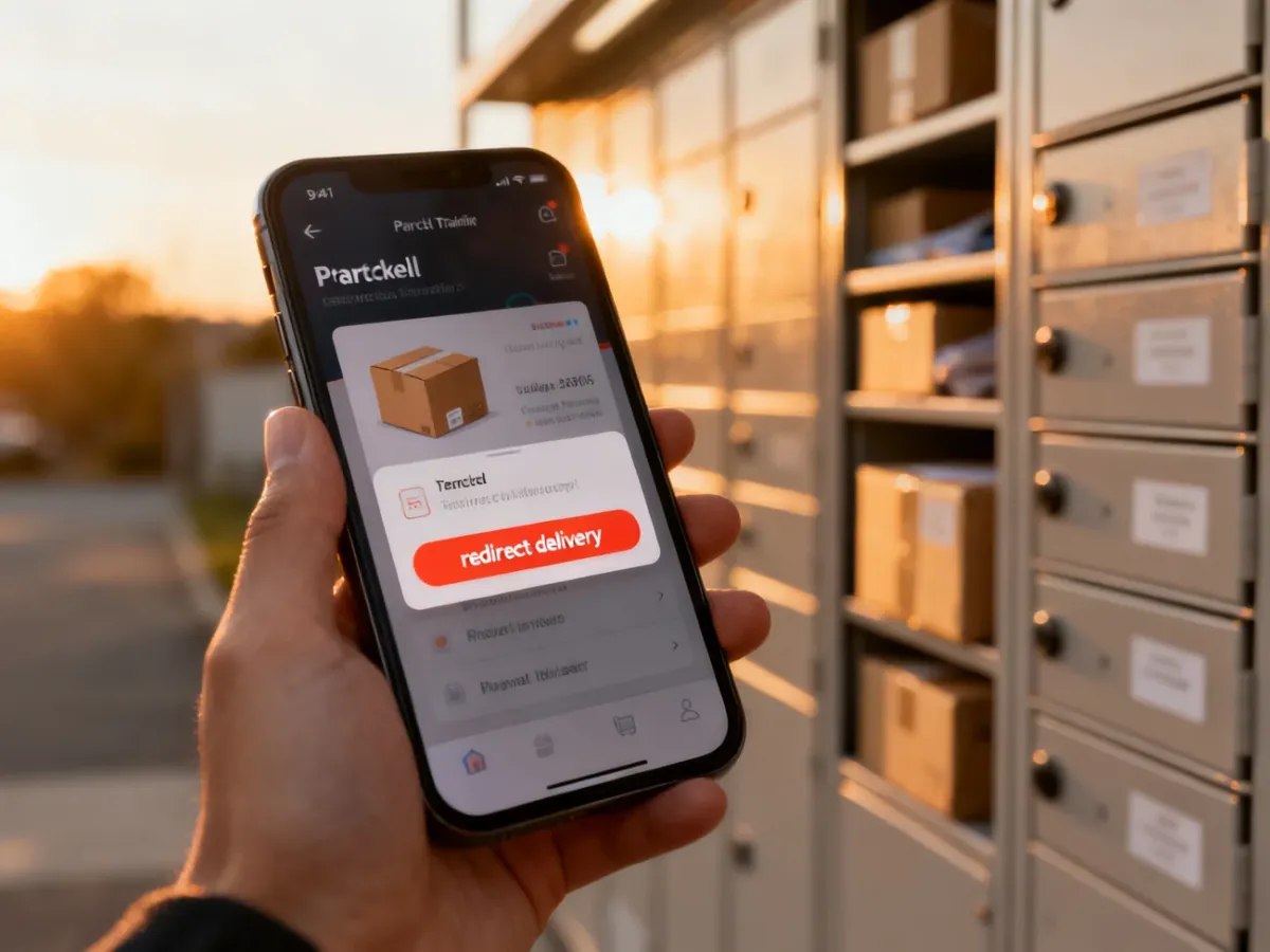 Ekran smartfona z widoczną opcją przekierowania przesyłki na tle paczkomatu InPost w świetle zachodzącego słońca.