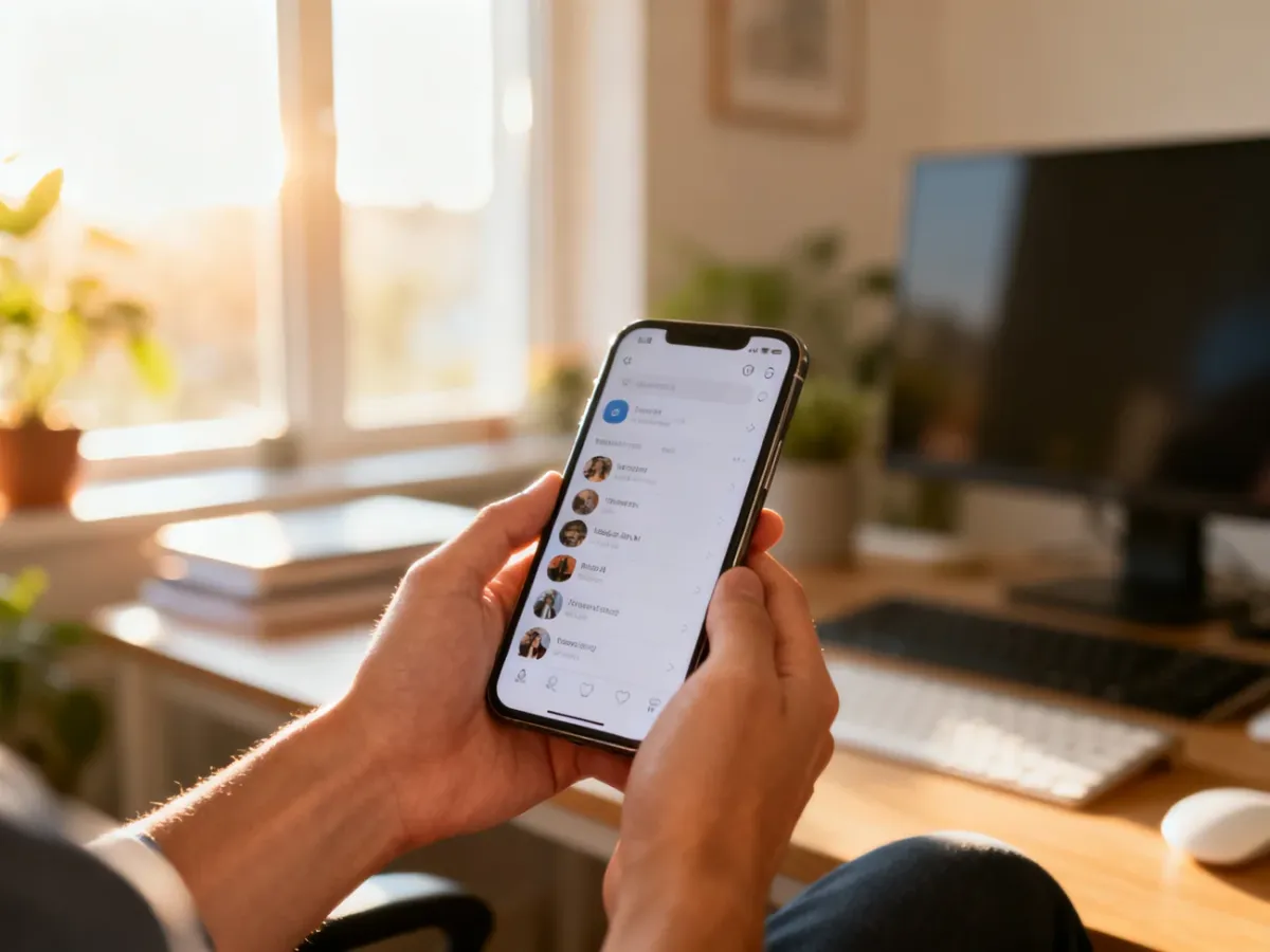 Smartfon z otwartą aplikacją społecznościową trzymany w dłoniach na tle jasnego domowego biura.