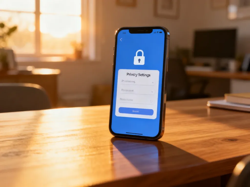 Smartfon z ustawieniami prywatności na drewnianym biurku, symbolizujący zarządzanie danymi osobowymi w internecie.
