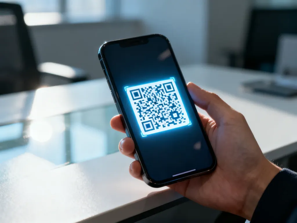 Dłoń trzymająca smartfon z wyświetlonym kodem QR na ekranie, gotowym do zeskanowania w biurowym otoczeniu.