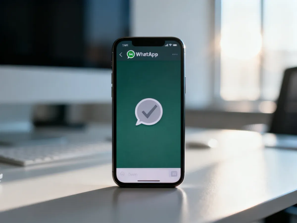 Ekran smartfona z wiadomością na WhatsApp oznaczoną jednym szarym haczykiem, co sugeruje brak dostarczenia wiadomości.