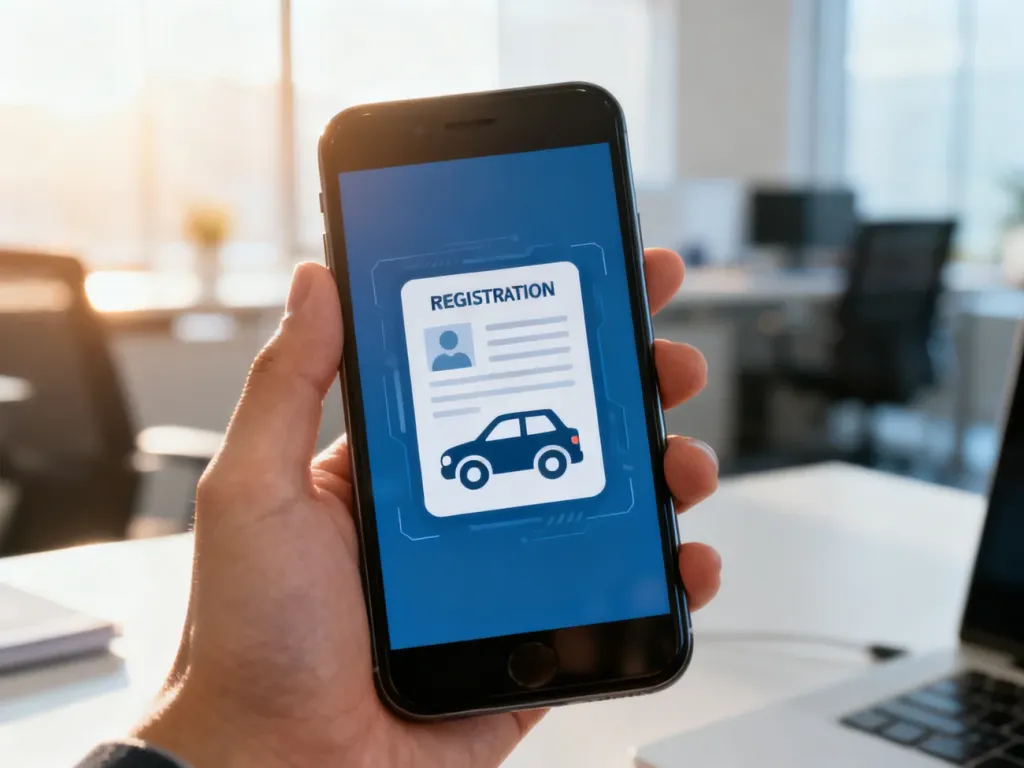 Osoba trzymająca smartfon z wyświetloną ikoną cyfrowego dowodu rejestracyjnego pojazdu w aplikacji mObywatel.
