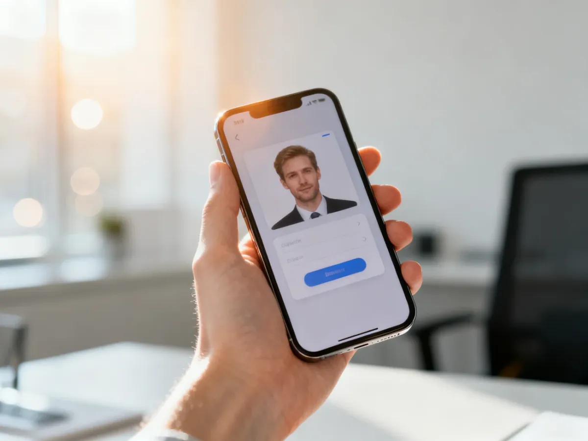 Dłoń trzymająca smartfon z wyświetlonym interfejsem cyfrowego dokumentu tożsamości na jasnym tle.
