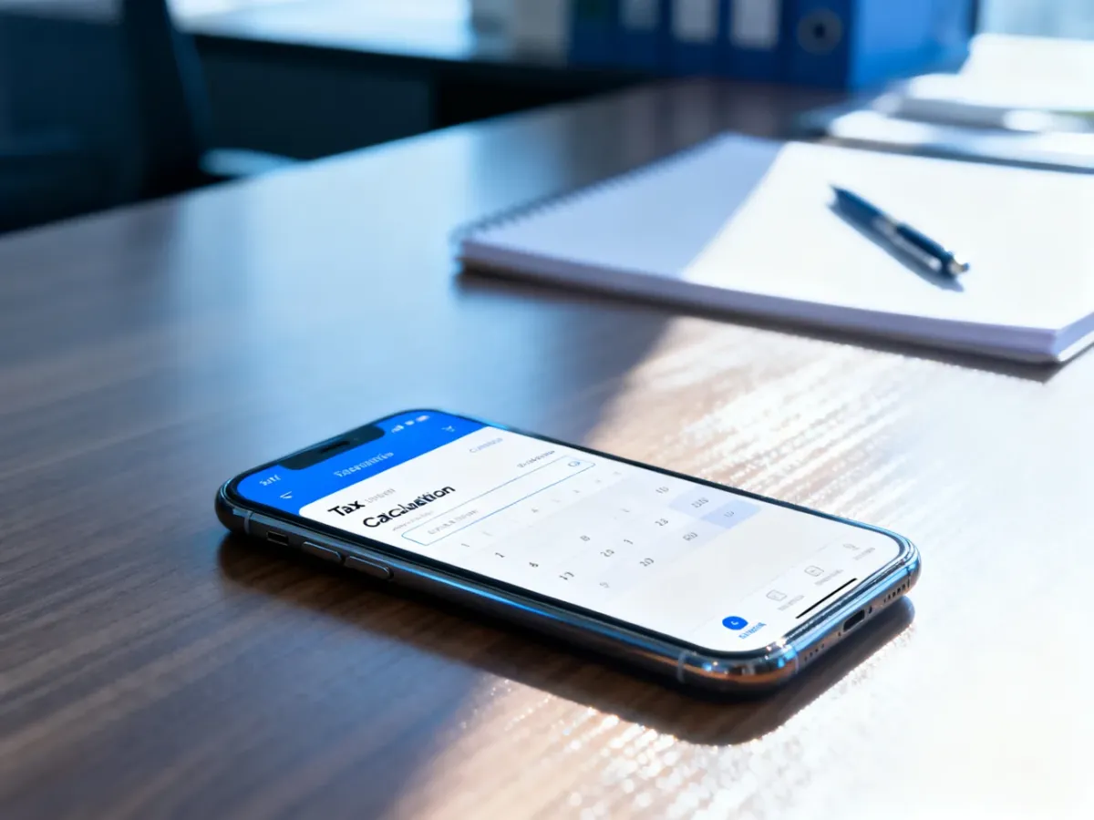 Smartfon z otwartą aplikacją do rozliczeń podatkowych na biurku w jasnym domowym biurze.