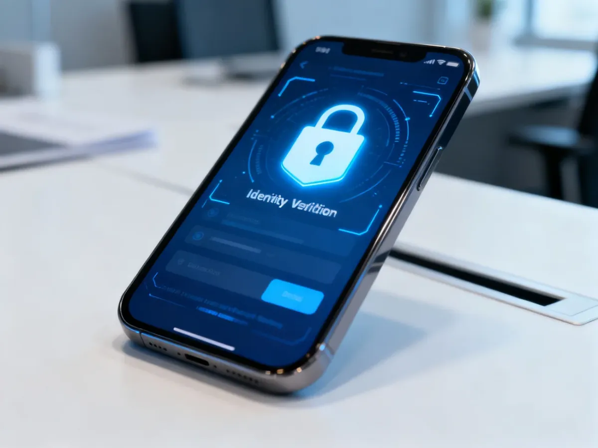 Smartfon z ikoną cyfrowej weryfikacji tożsamości na tle nowoczesnego biura, symbolizujący bezpieczne korzystanie z e-usług.