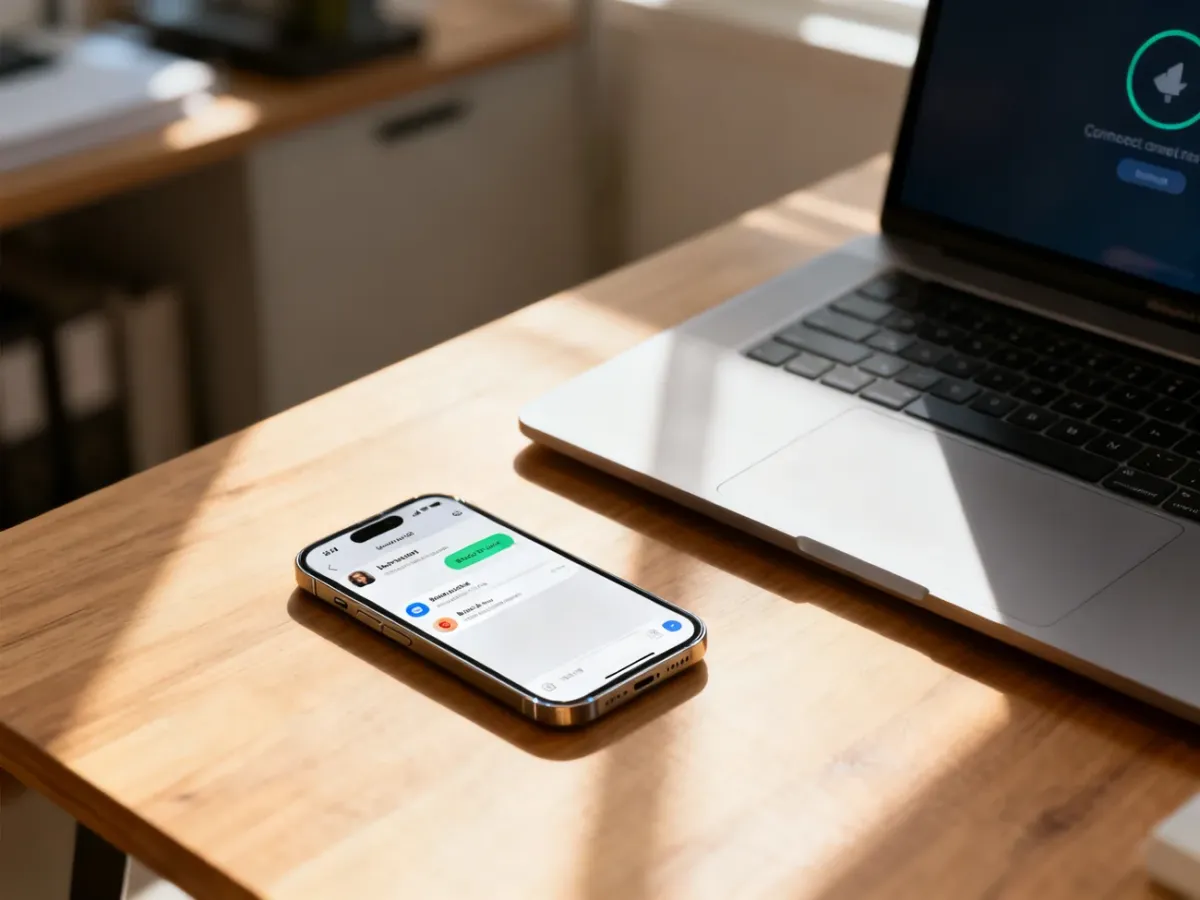 Nowoczesny smartfon z otwartą aplikacją do komunikacji leżący na biurku obok laptopa w domowym biurze.