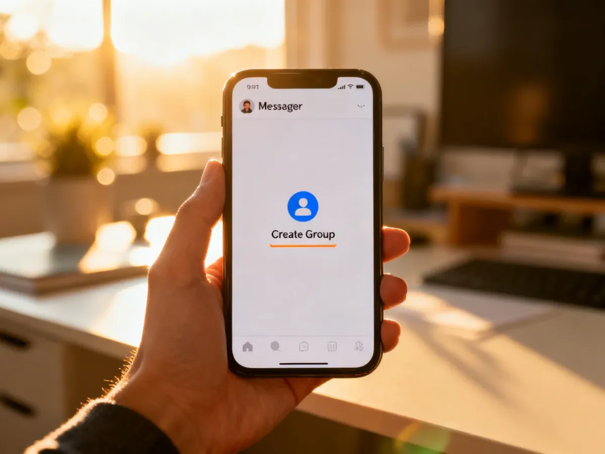 Dłoń trzymająca smartfon z otwartym interfejsem aplikacji Messenger, wskazująca ikonę tworzenia nowej grupy.