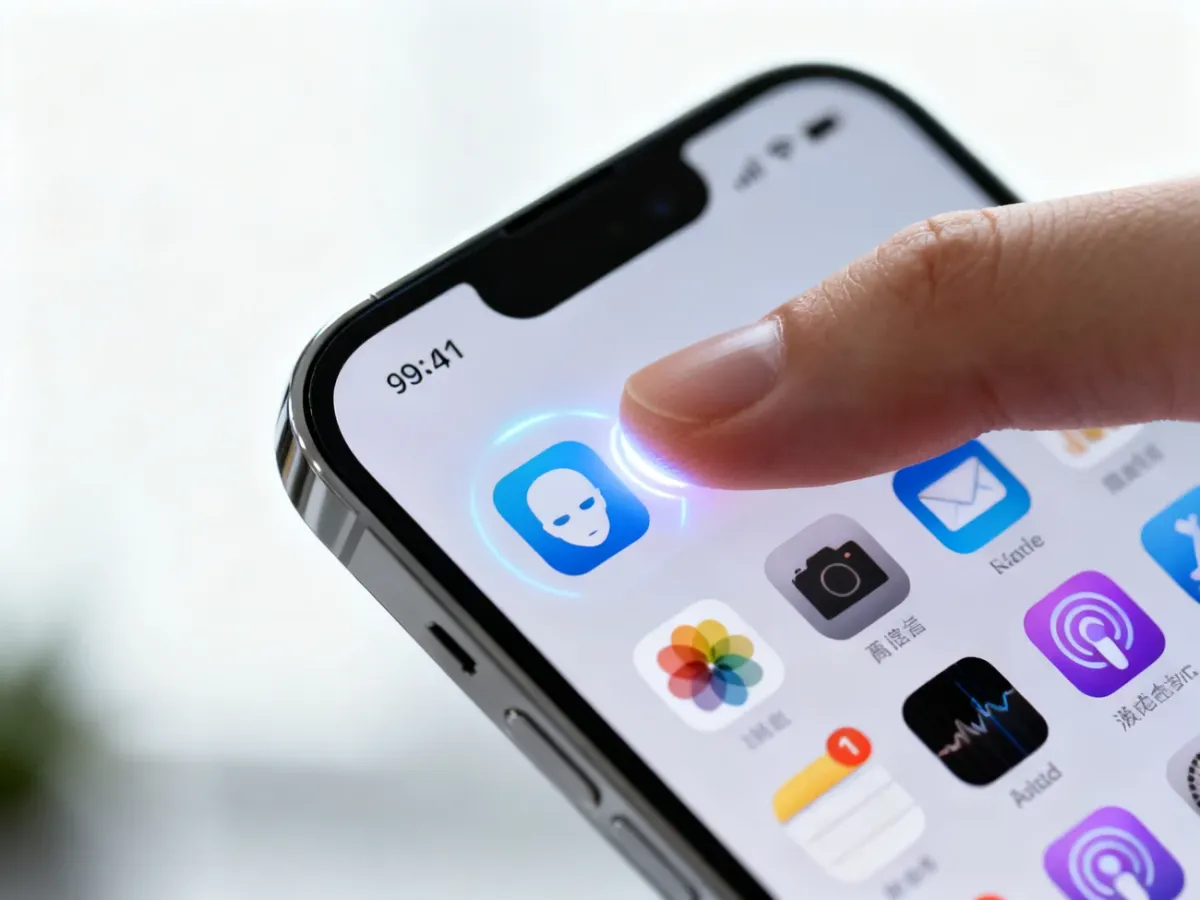 iPhone z przytrzymywaną ikoną aplikacji i symbolem uwierzytelniania biometrycznego