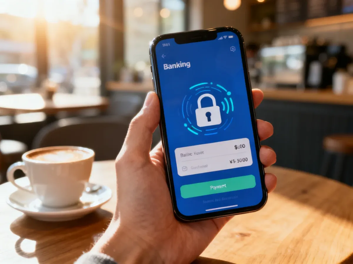 Dłoń trzymająca smartfon z otwartą aplikacją bankową, gotową do płatności BLIK w przytulnej kawiarni.