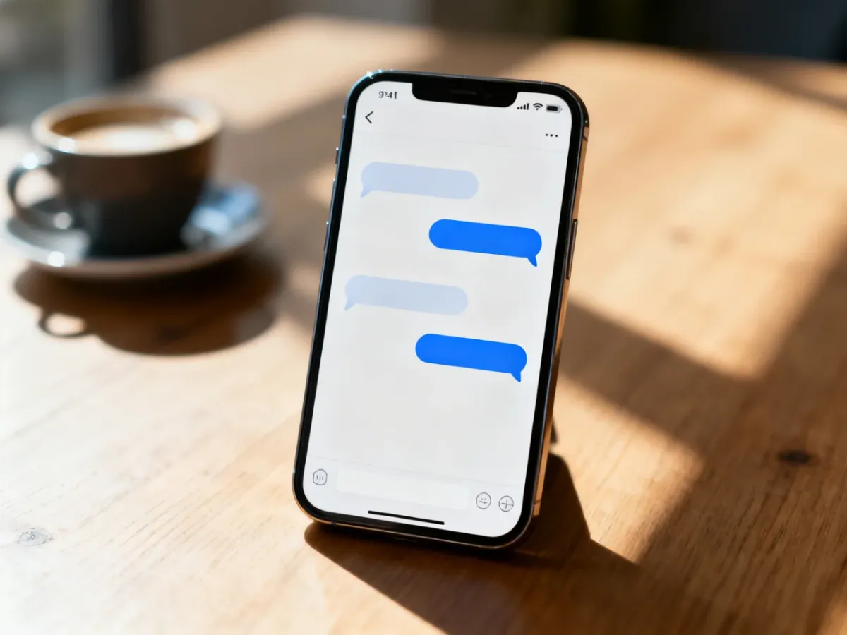 Smartfon z otwartym oknem czatu na ekranie, leżący na drewnianym biurku obok filiżanki kawy.