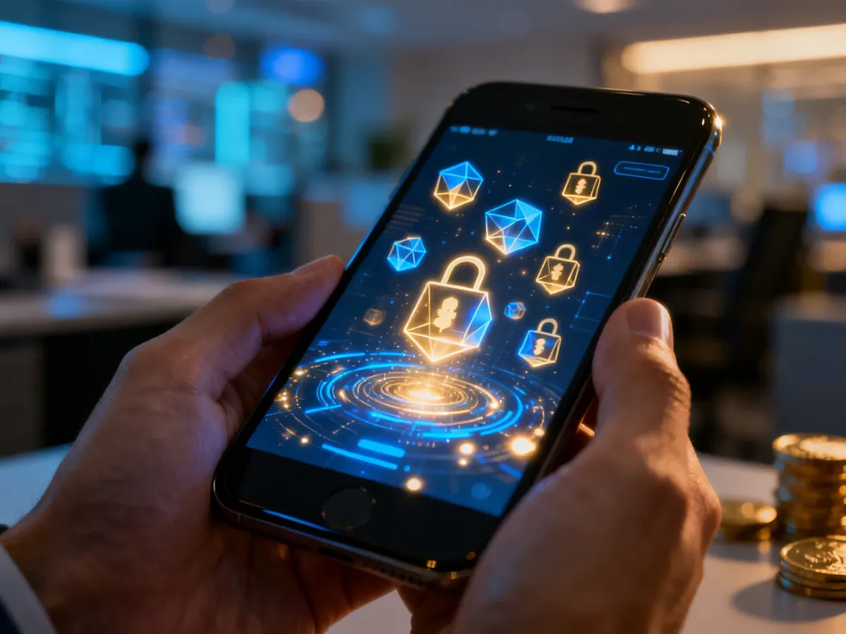Dłoń trzymająca smartfon z wyświetlonym cyfrowym interfejsem płatności, symbolizującym nowoczesne i bezpieczne transakcje.