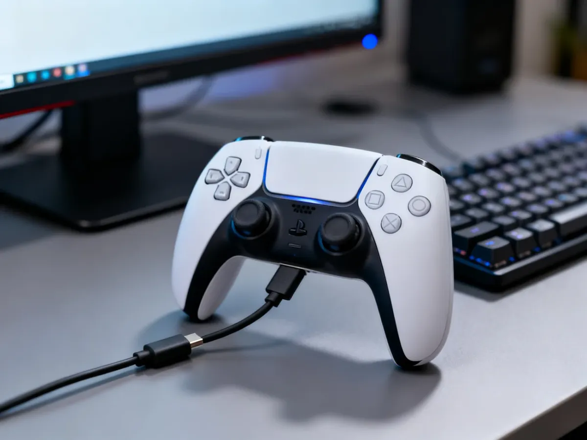 Kontroler PS5 DualSense podłączony do komputera kablem USB-C