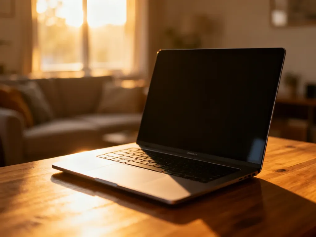 Profesjonalne stanowisko pracy z laptopem na biurku i rozmytym tłem salonu, idealne do wideokonferencji w Microsoft Teams.